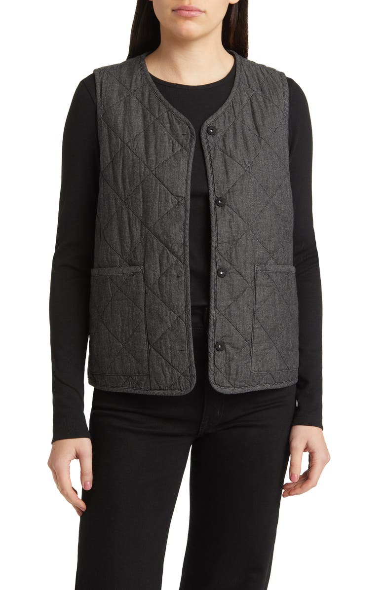 Eileen Fisher V-Neck Quilted Twill Organic Cotton Vest, Main, color, 