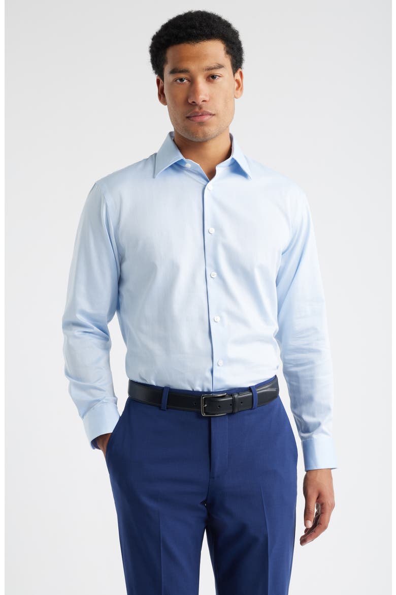 Trim Fit Herringbone Dress Shirt, Main, color, BLUE HERRINGBONE