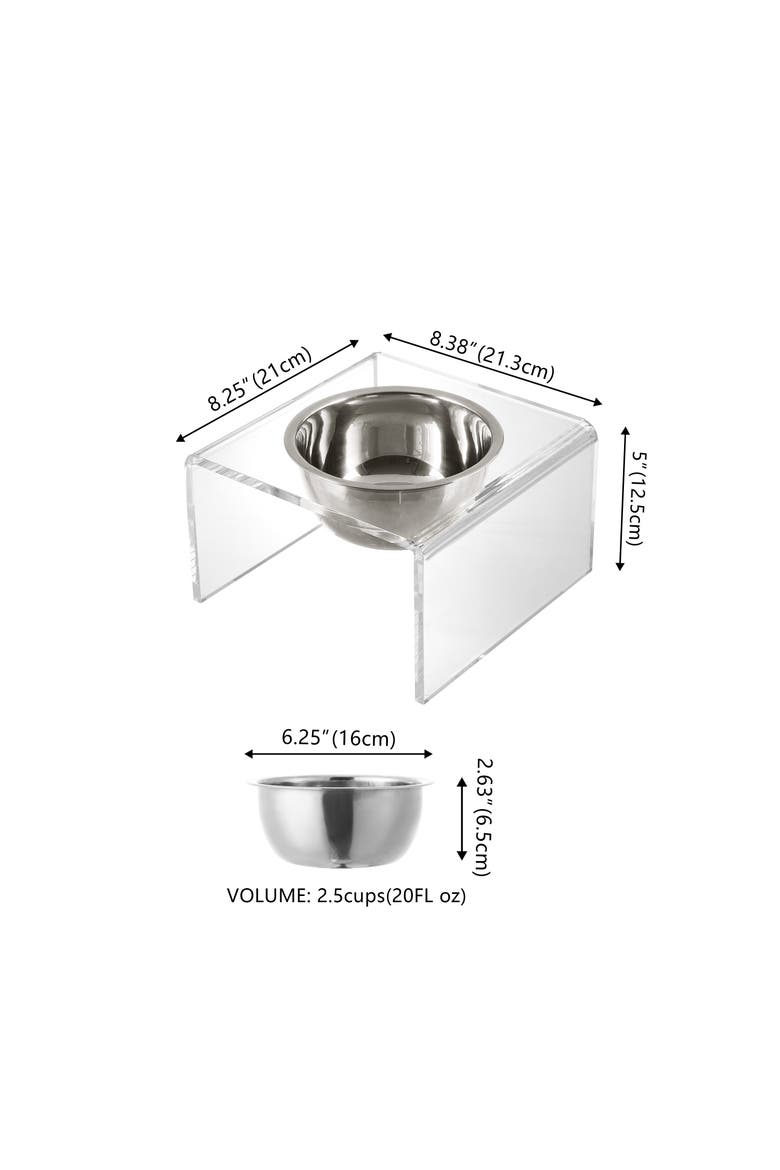 Keaton Modern Lucite Rectangular Elevated Pet Feeder with 2-Stainless Steel Bowls, Alternate, color, Clear/Chrome - Single