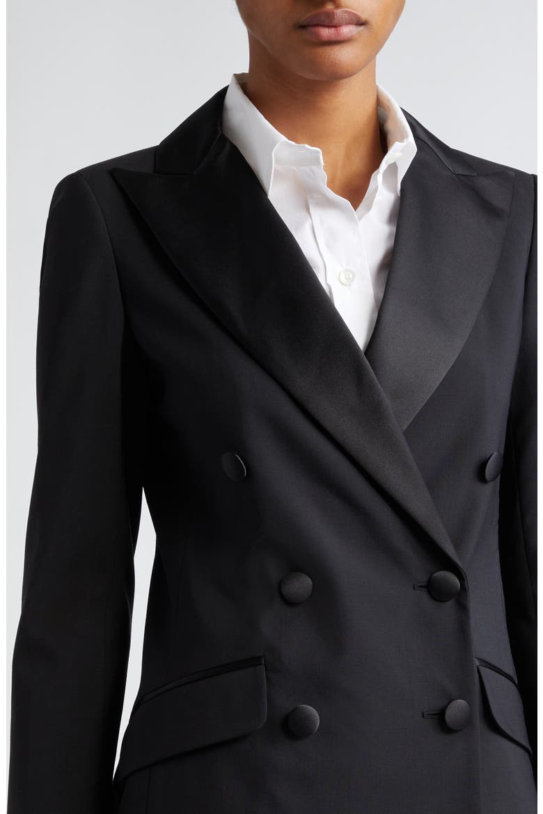 Double Breasted Satin Tuxedo Jacket, Alternate, color, BLACK