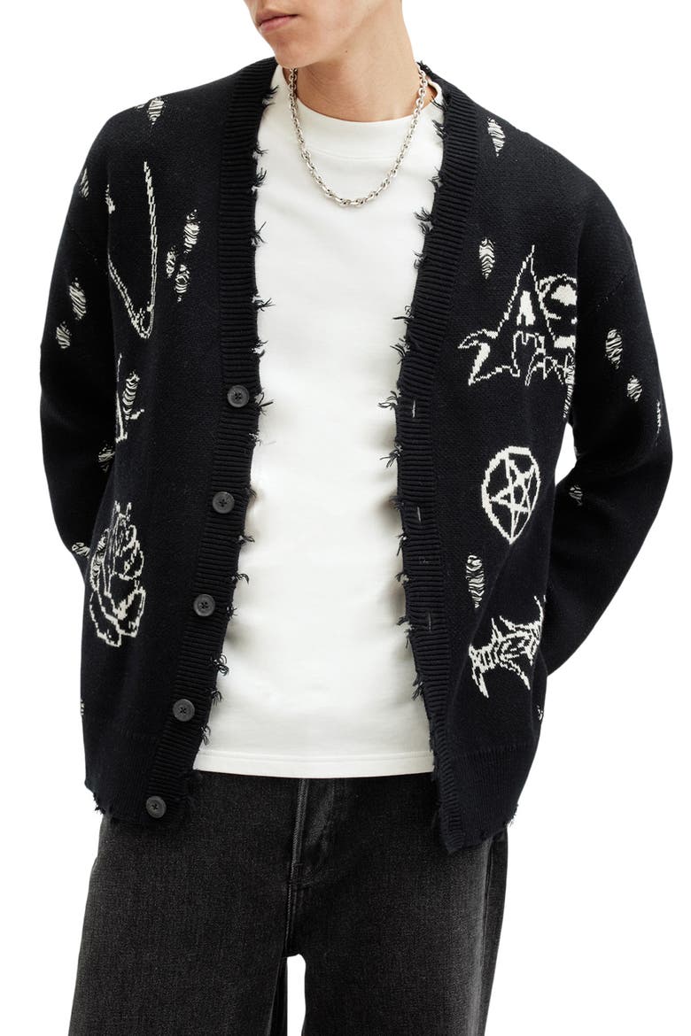 Koto Distressed Cotton Cardigan, Alternate, color, BLACK/ CHALK WHITE