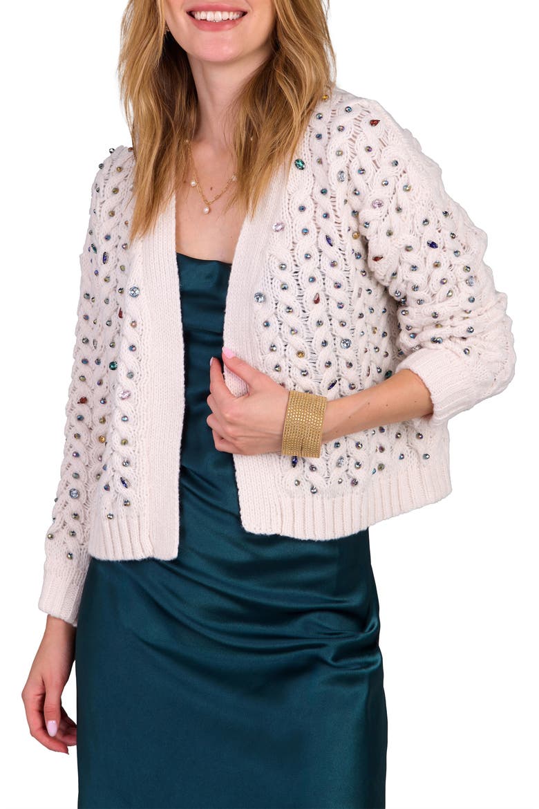 Gemstone Cable Knit Hooded Cardigan, Main, color, WHITE
