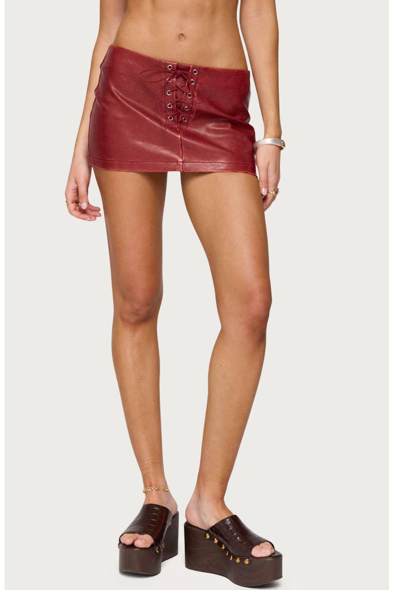Lace-Up Low Rise Faux Leather Miniskort, Main, color, BORDU