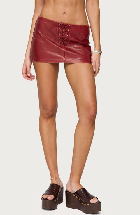 Lace-Up Low Rise Faux Leather Miniskort
