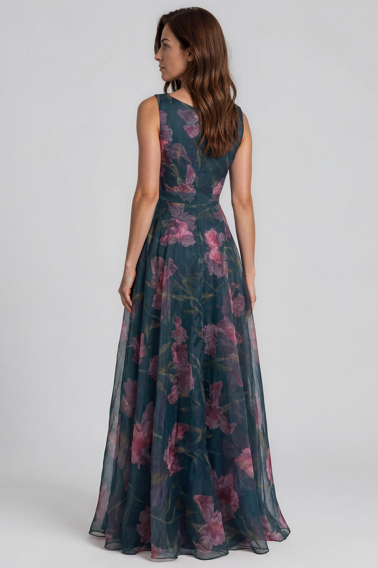 V-Neck Floral Printed Organza Waist Tie A-Line Gown, Alternate, color, Multi