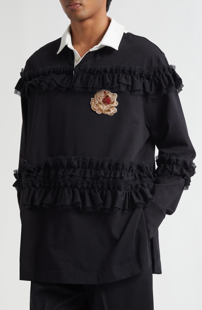 Simone Rocha Embroidered Crest Ruffle Rugby Shirt, Alternate, color,