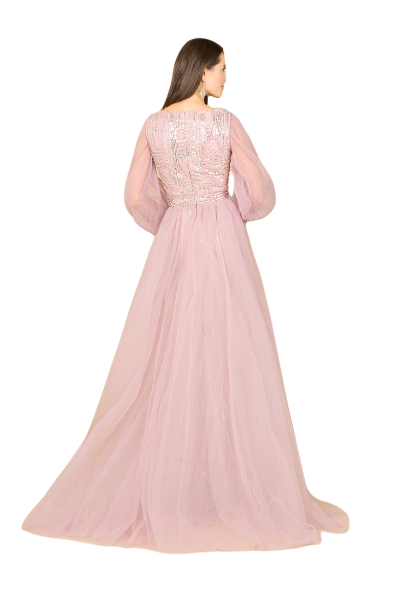 Long Sleeve Lace Gown with Removable Over Skirt, Alternate, color, DustyPurple