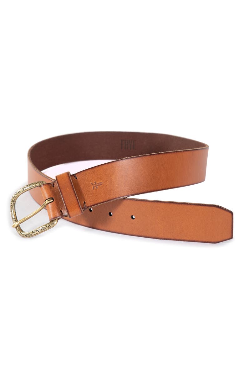Frye Burnished Leather Belt with Engraved Buckle, Alternate, color,
