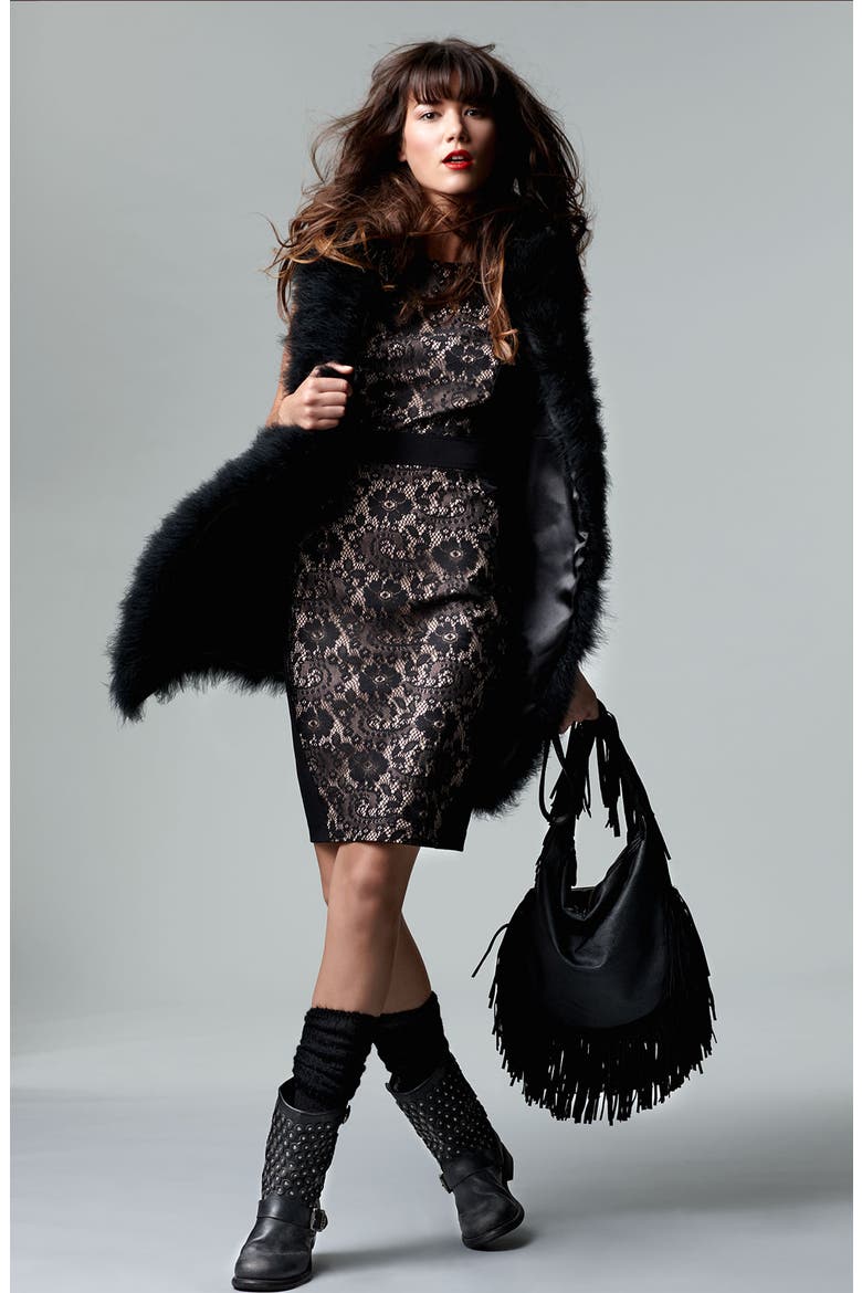 Lace Inset Crepe Sheath Dress, Alternate, color, BLACK