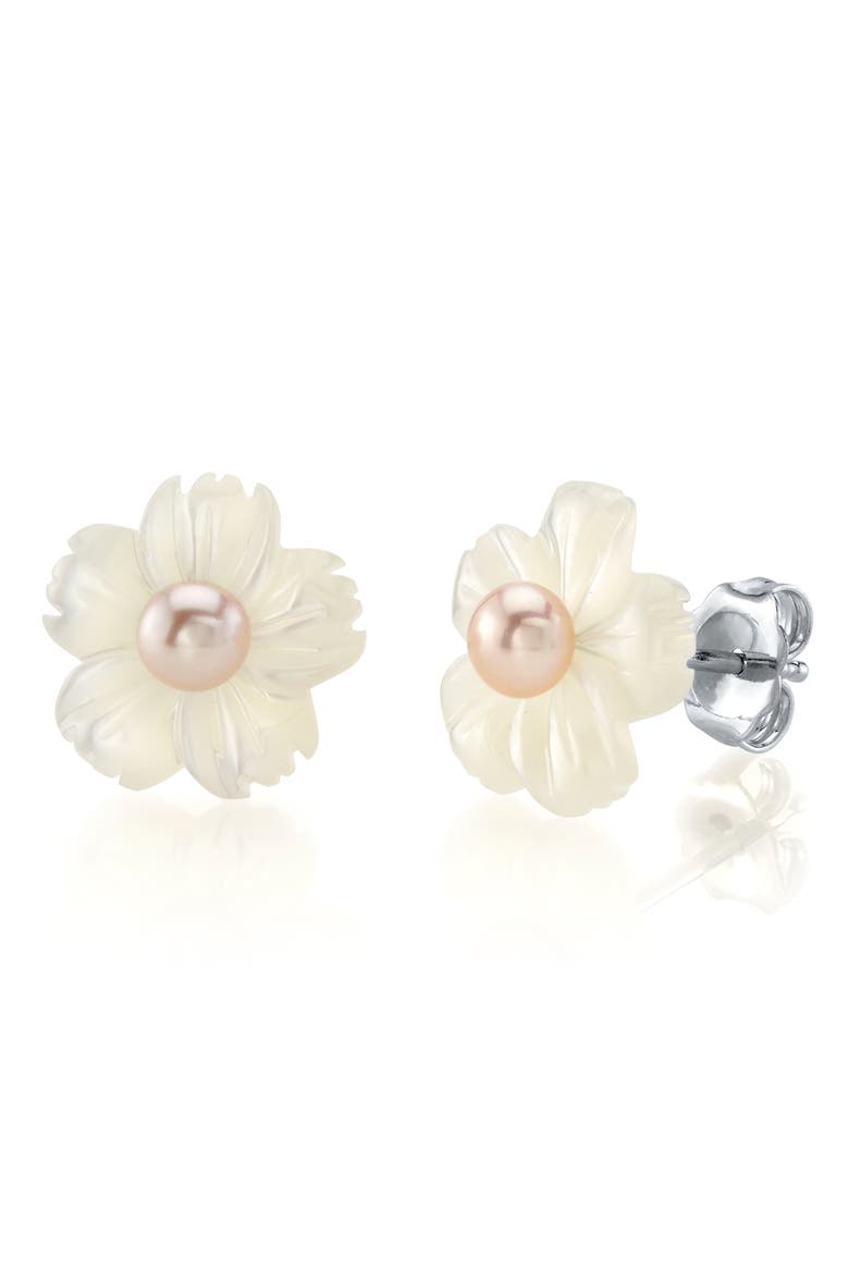 Pink Freshwater Button - Shape Cultured Pearl on Mother of Pearl Flower Lotus Earrings, Main, color, Pink and White