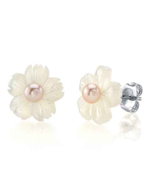 Pink Freshwater Button - Shape Cultured Pearl on Mother of Pearl Flower Lotus Earrings