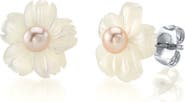 The Pearl Source Pink Freshwater Button - Shape Cultured Pearl on Mother of Pearl Flower Lotus Earrings