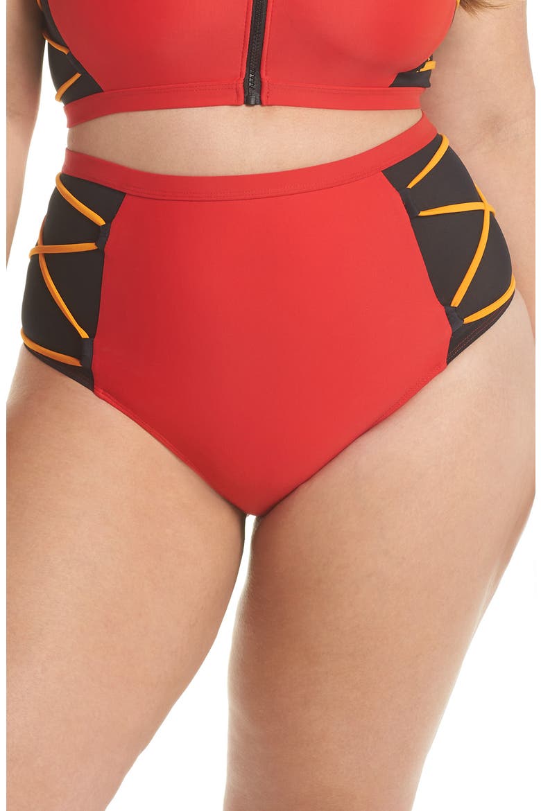 Mesh High Waist Bikini Bottoms, Main, color, RED/ BLACK/ ORANGE