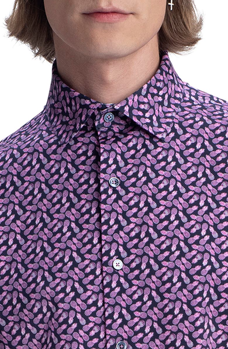 Bugatchi Pineapple Print Knit Short Sleeve Stretch Cotton Button-Up Shirt, Alternate, color, 