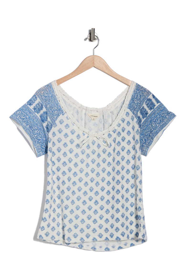 Tie V-Neck Short Sleeve Top, Alternate, color, BLUE COMBO