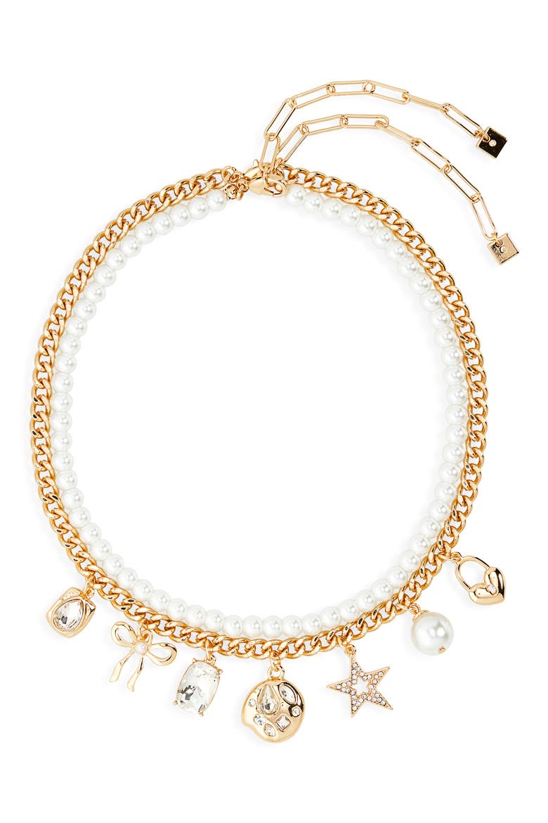 Set of 2 Cultured Pearl & Crystal Charm Necklaces, Main, color, CLEAR- WHITE- GOLD