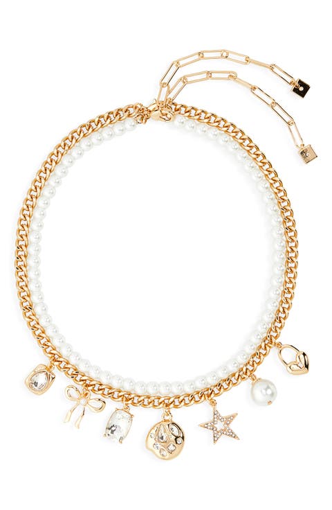 Set of 2 Cultured Pearl & Crystal Charm Necklaces