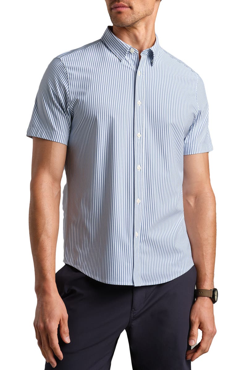 Rhone Commuter Short Sleeve Performance Button-Down Shirt, Main, color, Dark Blue Wide Stripe