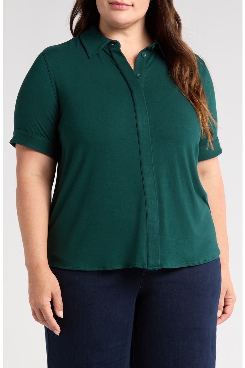 Chelsea Short Sleeve Jersey Button-Up Shirt, Main, color, FOREST GREEN