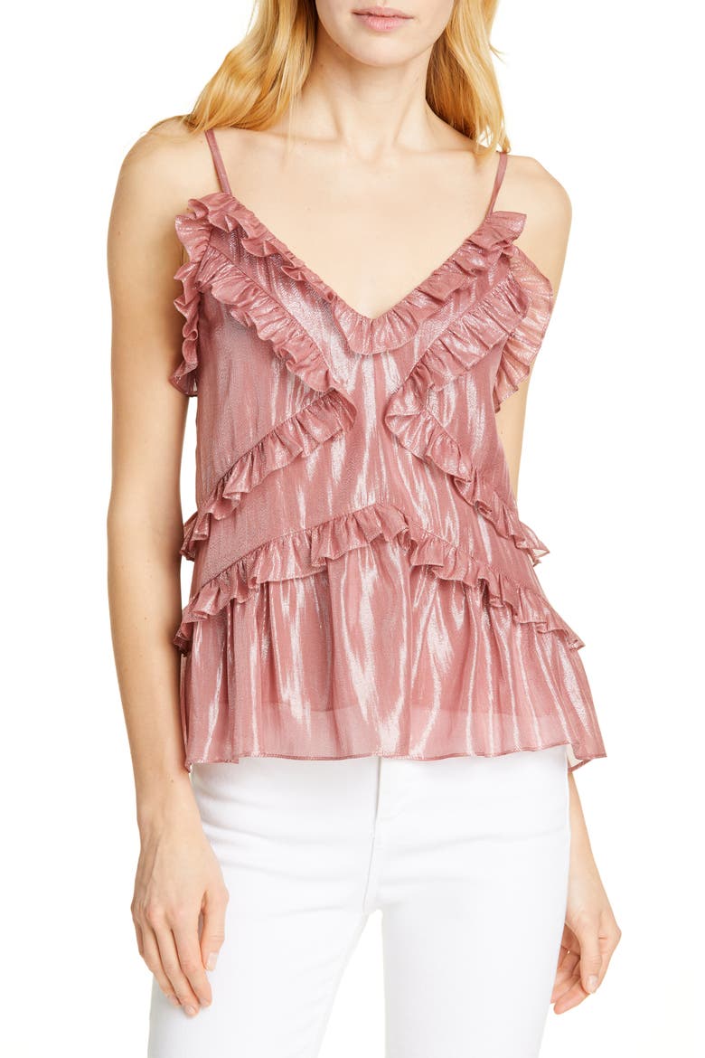 Ruffle Detail Metallic Silk Blend Camisole, Main, color, ROSE