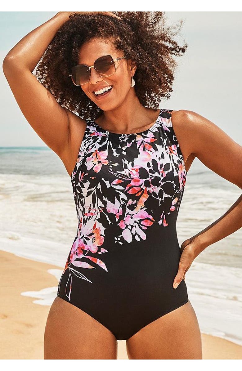 Swimsuits for All Chlorine Resistant High Neck One Piece Swimsuit, Alternate, color, Engineered Dots