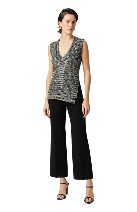Sleeveless Top In Slub Knit With Sequins And V-neck