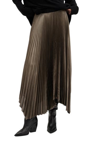 Allsaints Phia Metallic Pleated Skirt In Metallic Gold