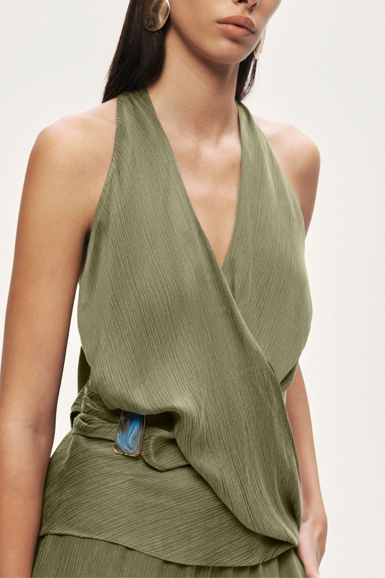 Asymmetric Halter Wrap Top, Alternate, color, Khaki