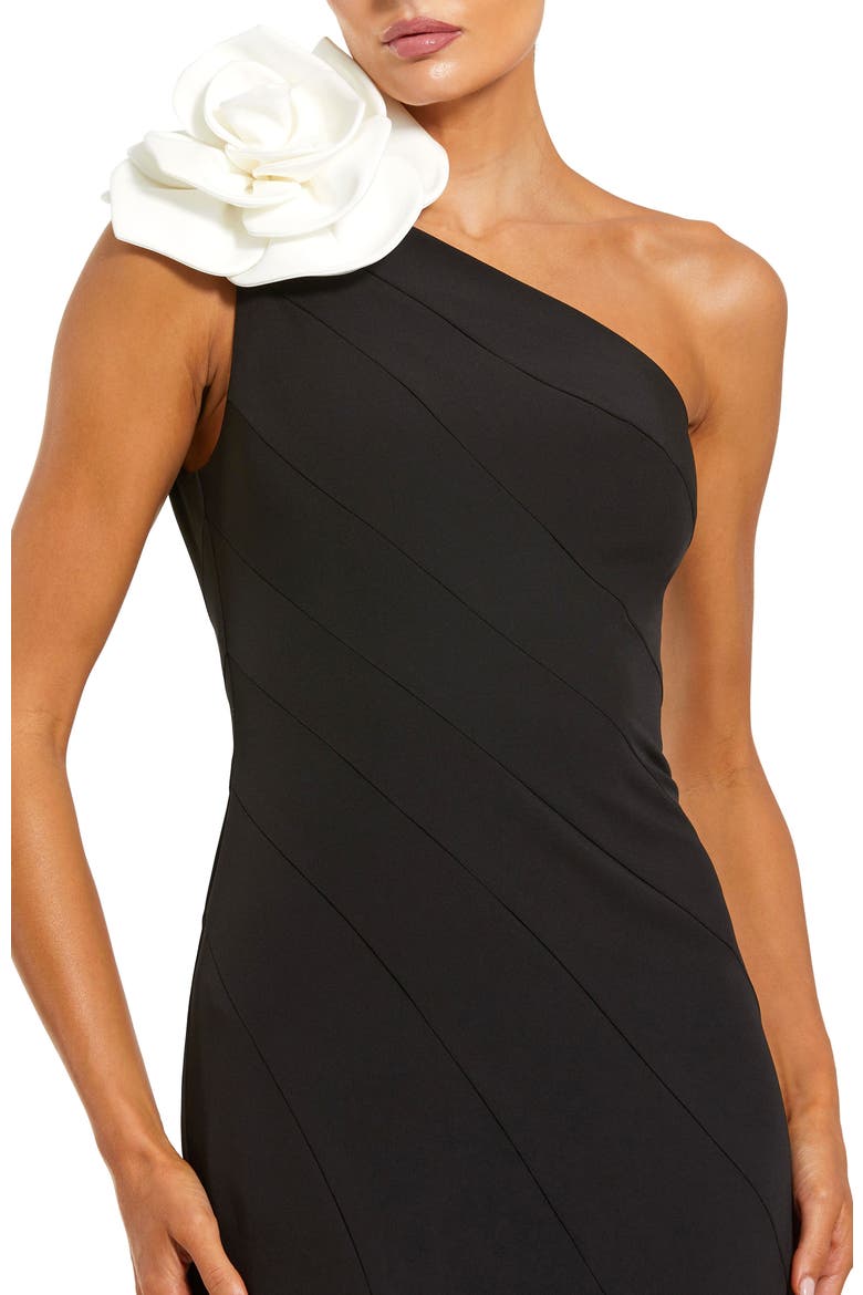 Crepe One Shoulder 3D Flower Mermaid Gown, Alternate, color, Black Ivory
