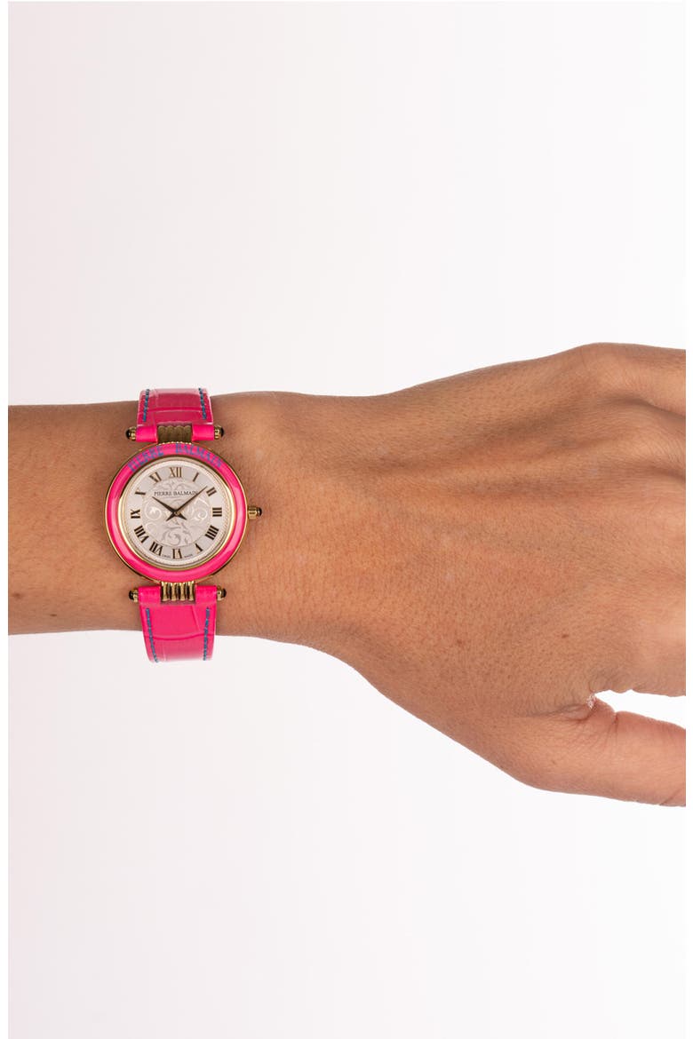 Haute Elegance Leather Strap Watch, 30mm, Alternate, color, STAINLESS STEEL PINK PVD