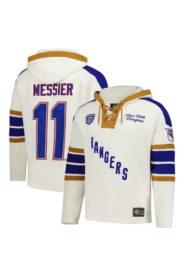 Men's '47 Mark Messier Cream New York Rangers Blue Line Heritage Name & Number Lace-Up Pullover Hoodie, Main, color, Cream