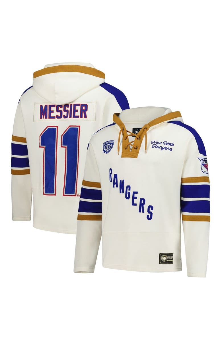'47 Men's '47 Mark Messier Cream New York Rangers Blue Line Heritage Name & Number Lace-Up Pullover Hoodie, Main, color, Cream