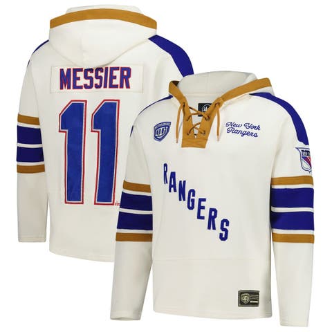 Men's '47 Mark Messier Cream New York Rangers Blue Line Heritage Name & Number Lace-Up Pullover Hoodie