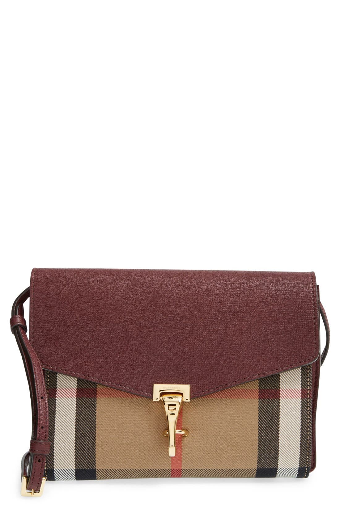 'Small Macken' Check Crossbody Bag, Main, color, MAHOGANY RED