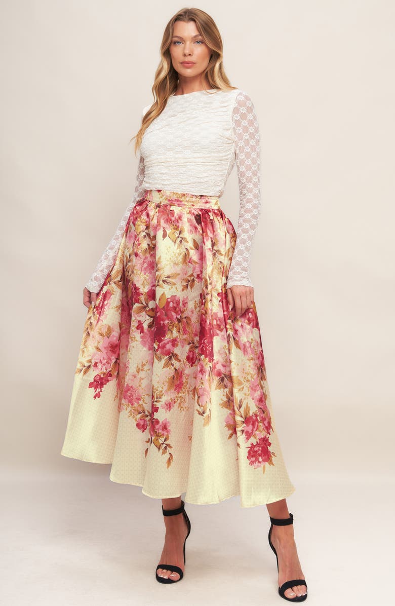 FLYING TOMATO Floral Full Midi Skirt, Alternate, color, Ivory/ Pink