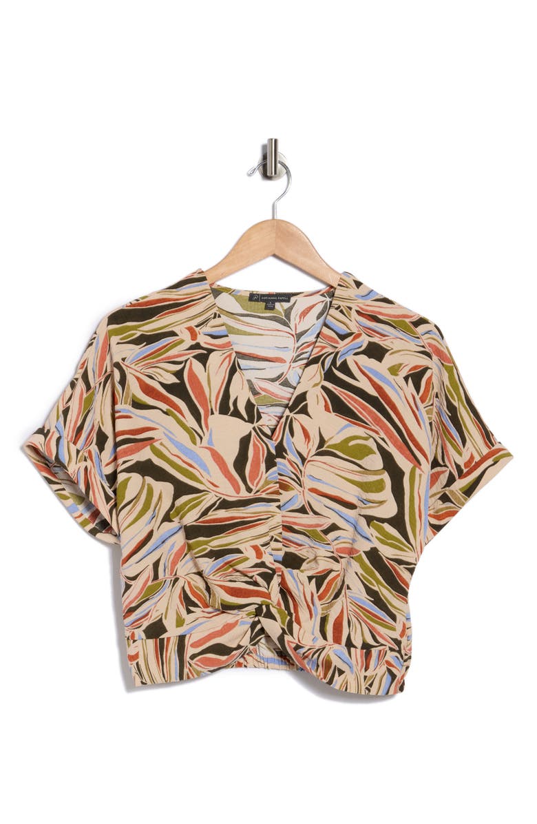 Adrianna Papell Printed Short Sleeve Crop Top, Main, color, Water Color Leaf