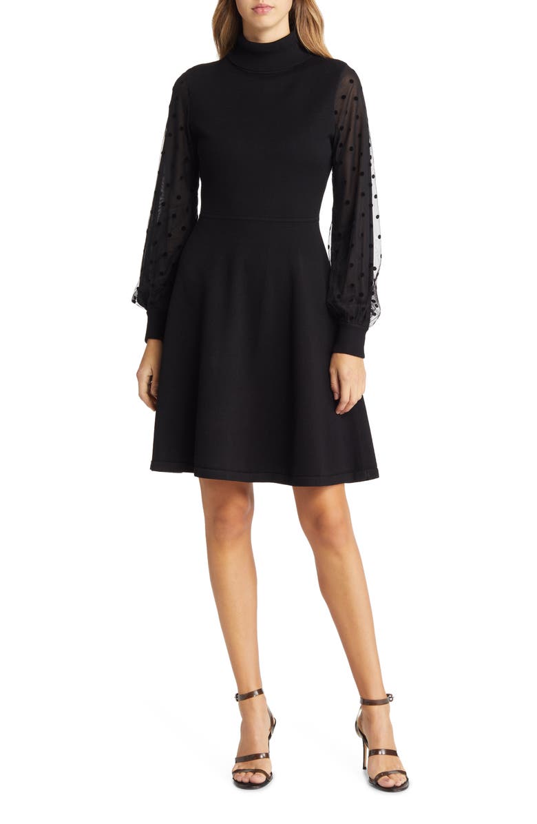 Eliza J Mixed Media Long Sleeve Fit & Flare Dress, Main, color, 