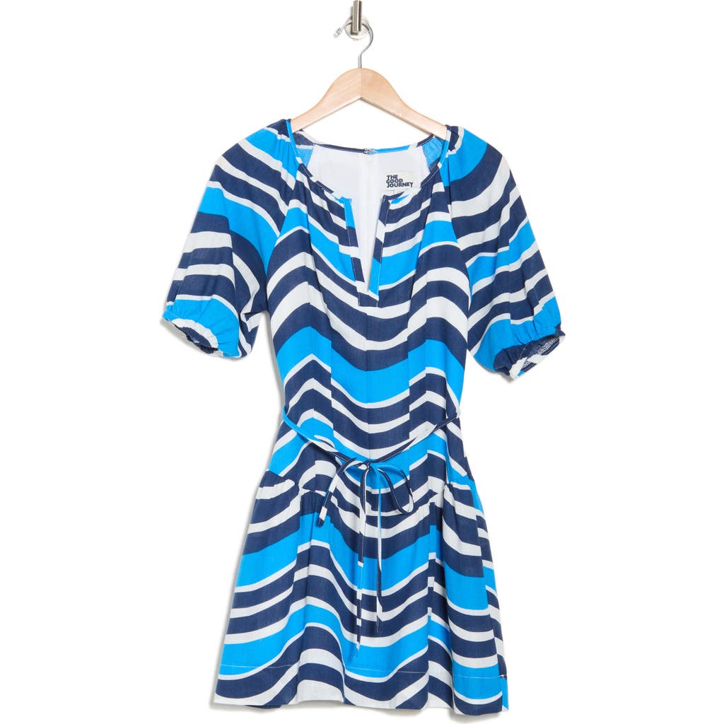 The Good Journey Puff Sleeve Drop Waist Babydoll Minidress In Navy/ocean