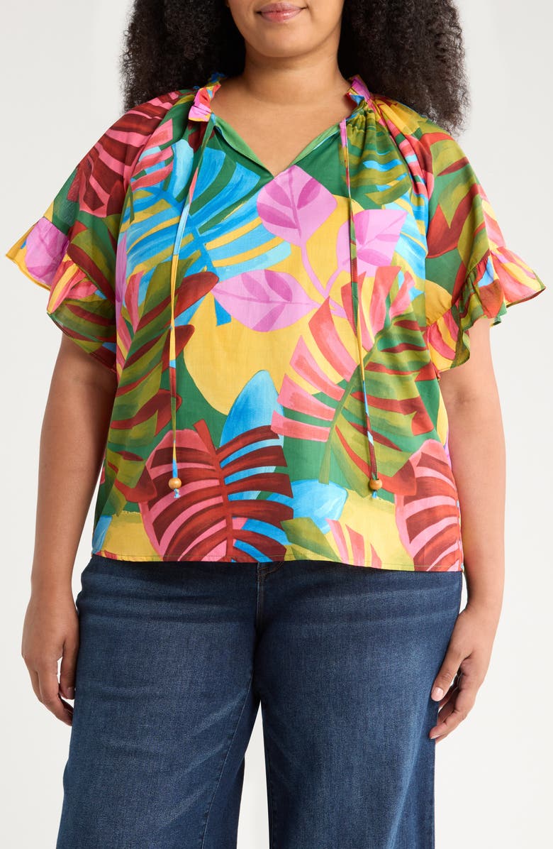 SUGARLIPS Novi Tropical Print Cotton Top, Main, color, Kelly Green