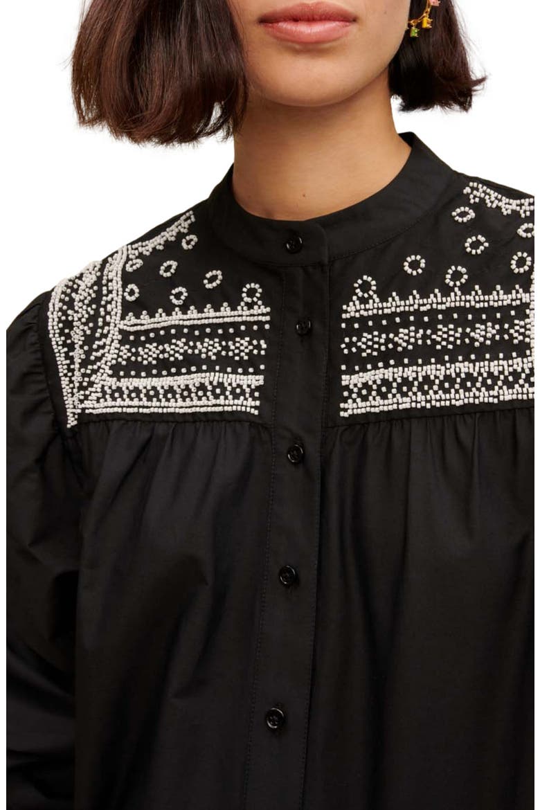 Cever Beaded Cotton Button-Up Shirt, Alternate, color, BLACK