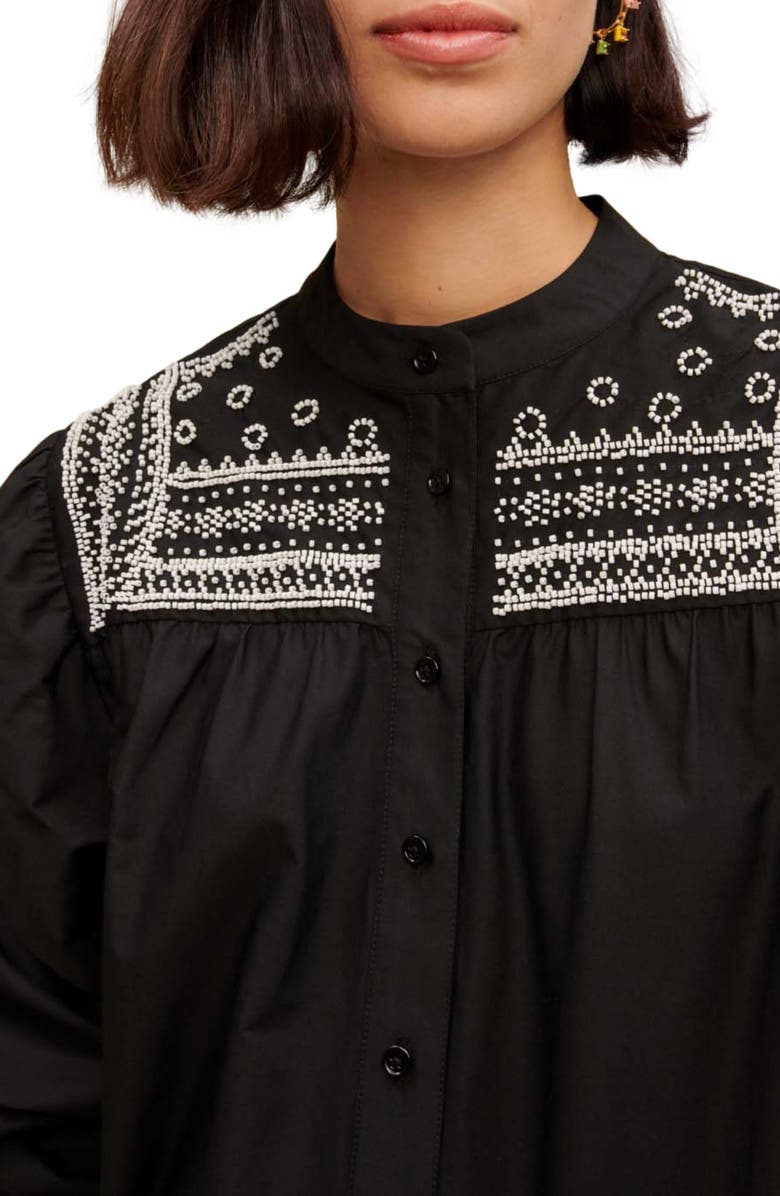 maje Cever Beaded Cotton Button-Up Shirt, Alternate, color, Black