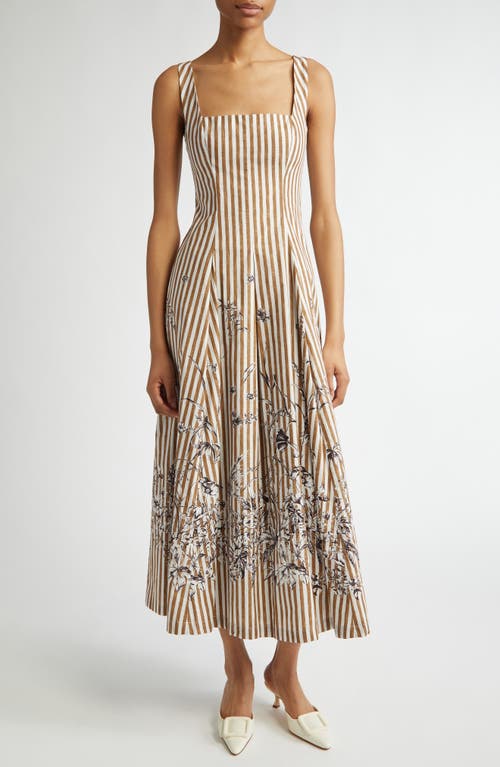 Lela Rose Caitlin Striped Floral-print Poplin Midi Dress In Walnut