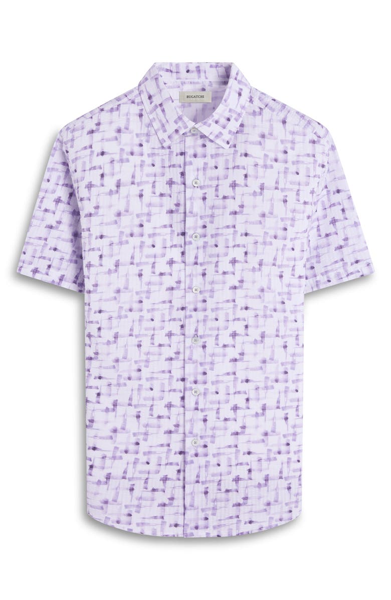 Bugatchi Orson Geo Print Short Sleeve Cotton Seersucker Button-Up Shirt, Alternate, color, Lilac