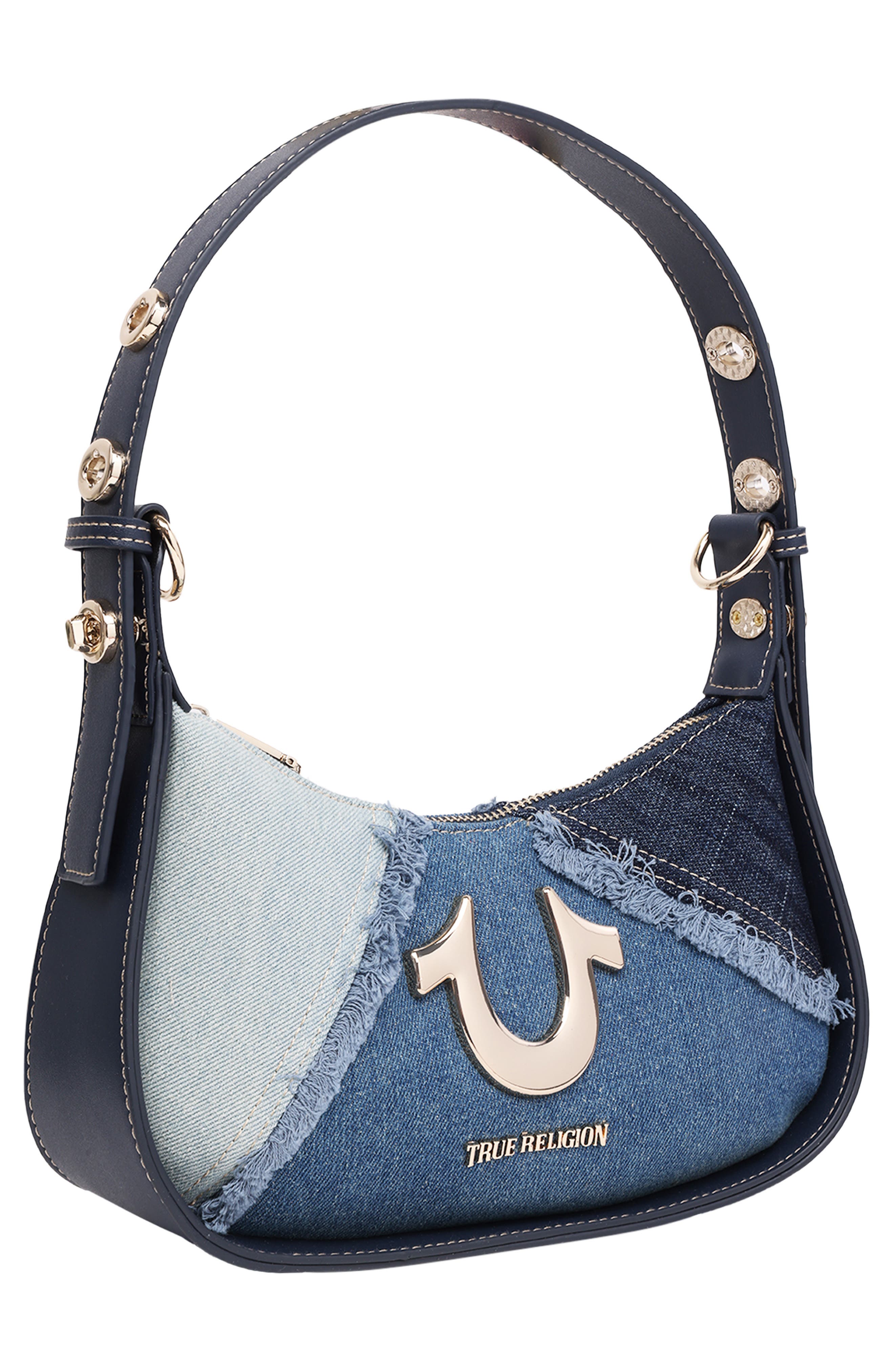 Frayed Denim Horseshoe Shoulder Bag, Alternate, color, DENIM/ BLUE