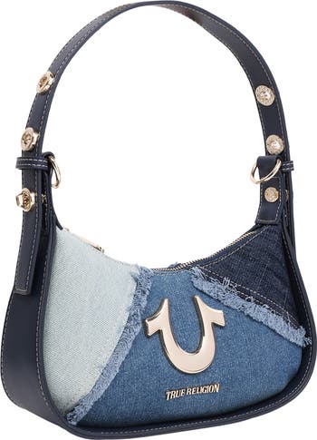 Frayed Denim Horseshoe Shoulder Bag