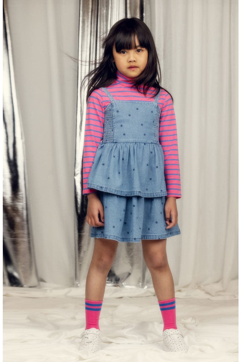 Kids' Dot Print Tiered Denim Dress, Alternate, color, BLUE