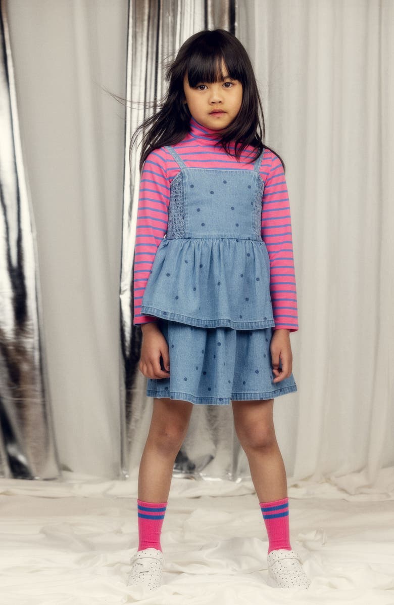 Mini Rodini Kids' Dot Print Tiered Denim Dress, Alternate, color, Blue