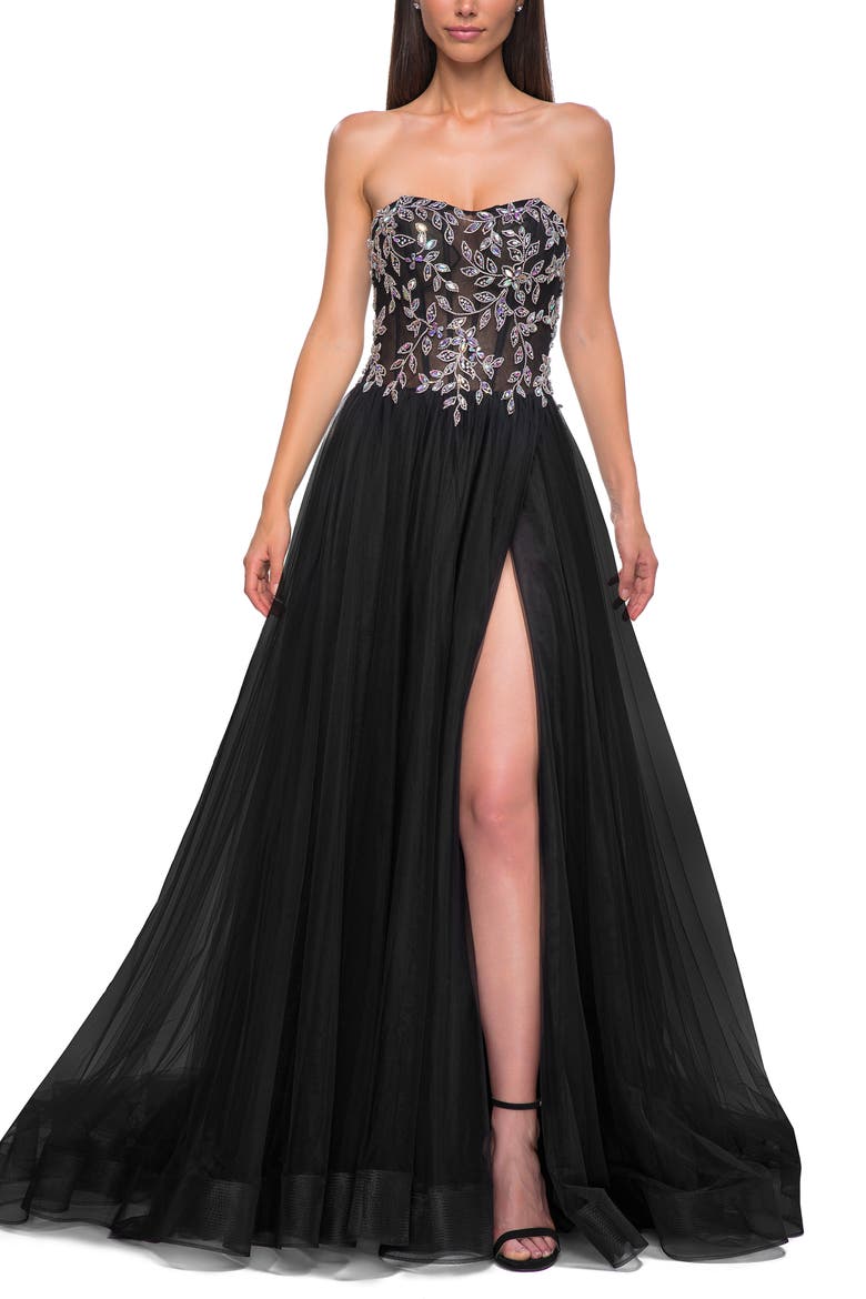 A-line Tulle Prom Dress with Stunning Floral Beaded Design, Main, color, Black