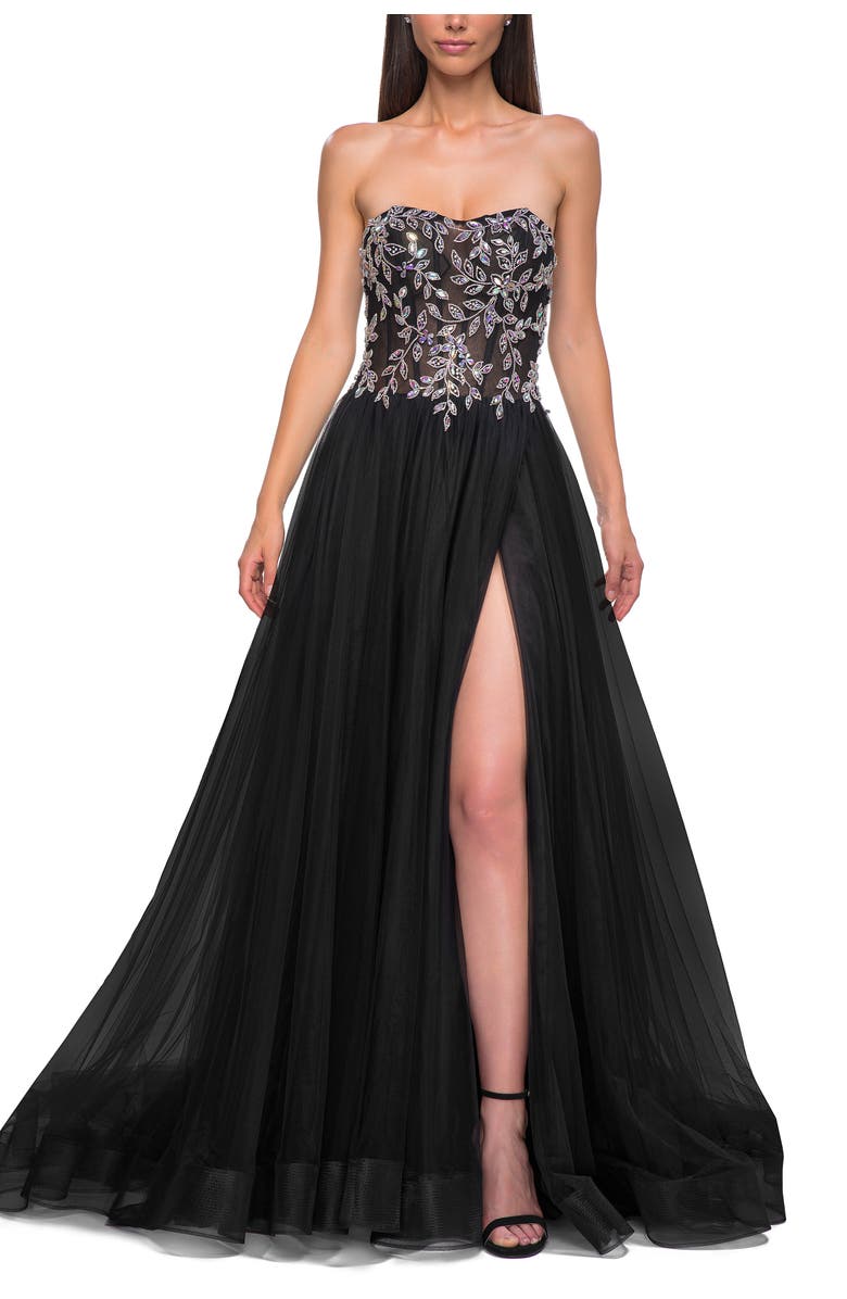 La Femme A-line Tulle Prom Dress with Stunning Floral Beaded Design, Main, color, Black