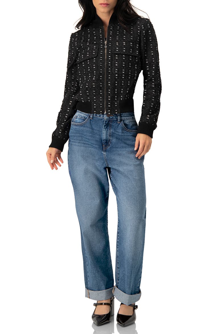 Textured Denim Bomber Jacket with Front Zip, Alternate, color, Black